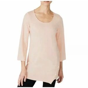 PURE JILL S Asymmetric Button Tunic Top 3/4 Sleeve Lightweight Pink Cotton Blend